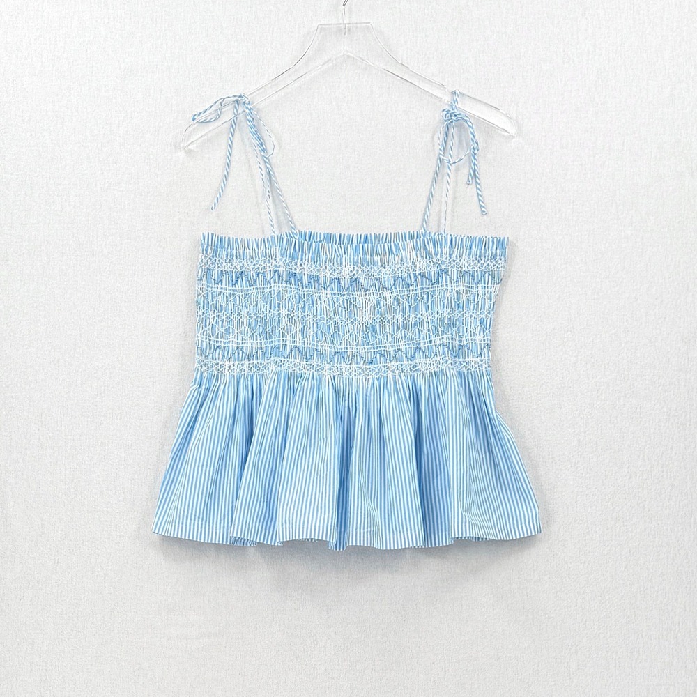 J CREW Paloma Smocked Tank Top Womens Medium Blue White Stripe Tie Shoulder NEW - Picture 4 of 15